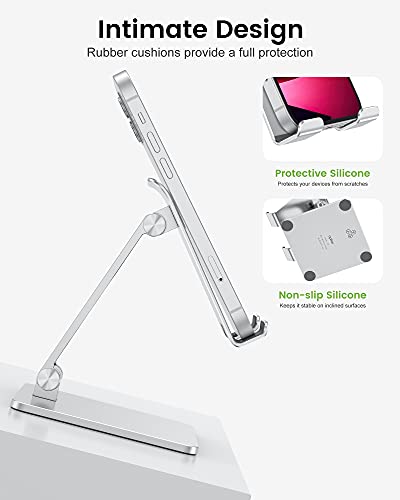 apiker Soporte Móvil Mesa con Base Más Grande , Ajustable y Plegable Soporte Teléfono de Aluminio para iPhone 13/12/11/ Pro Max, Samsung, Huawei, Xiaomi y Otros Teléfonos y Tabletas(hasta 11), Plata