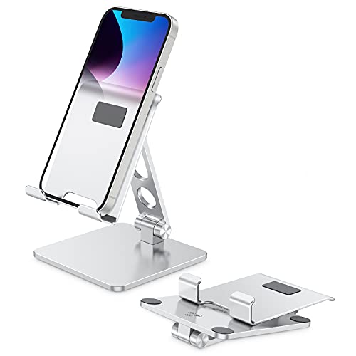 apiker Soporte Móvil Mesa con Base Más Grande , Ajustable y Plegable Soporte Teléfono de Aluminio para iPhone 13/12/11/ Pro Max, Samsung, Huawei, Xiaomi y Otros Teléfonos y Tabletas(hasta 11), Plata