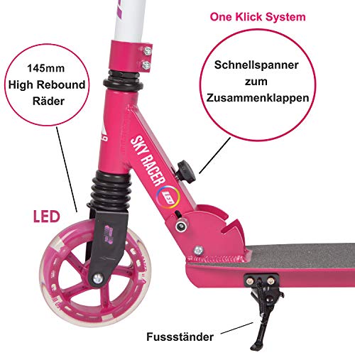 Apollo Scooter LED - Skyracer con Ruedas LED 145 mm City Scooter con suspensión, City Roller Plegable y Ajustable en Altura, Kick Scooter para niños y Adolescentes