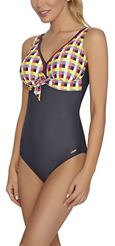 aQuarilla Trajes de Baño 1 Pieza Bañadores Ropa Playa Mujer M293D1 (Grafito/Limón/Rojo, 38)