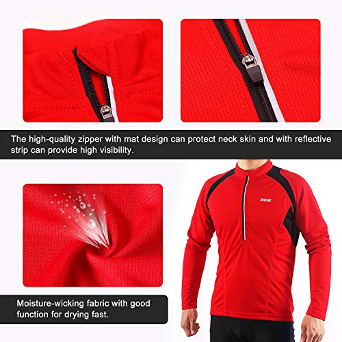 ARSUXEO Maillot de Ciclismo para Hombre Camisa Ciclista de Manga Larga con Media Cremallera 6031 Rojo M