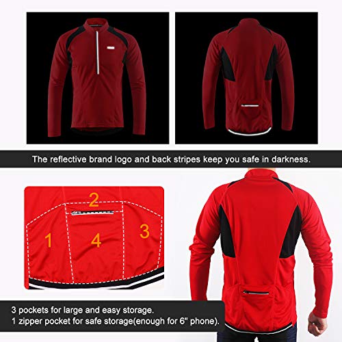 ARSUXEO Maillot de Ciclismo para Hombre Camisa Ciclista de Manga Larga con Media Cremallera 6031 Rojo M