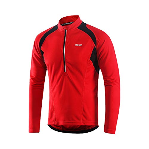 ARSUXEO Maillot de Ciclismo para Hombre Camisa Ciclista de Manga Larga con Media Cremallera 6031 Rojo M