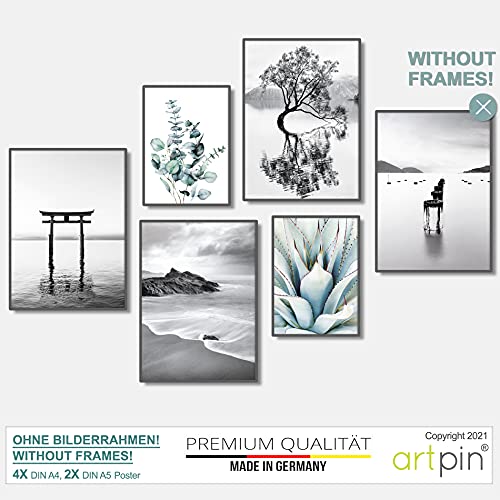 Artpin® Moderno juego de pósteres, cuadros decorativos para salón dormitorio, eucalipto, hierba, menta, negro, blanco, pared sin marco (4 x A4 | 2 x A5) W15