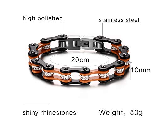 Aruie Pulsera para hombre de acero con diamantes de imitación y diamantes de imitación, cadena de bicicleta de moto, color naranja y negro