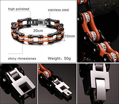 Aruie Pulsera para hombre de acero con diamantes de imitación y diamantes de imitación, cadena de bicicleta de moto, color naranja y negro