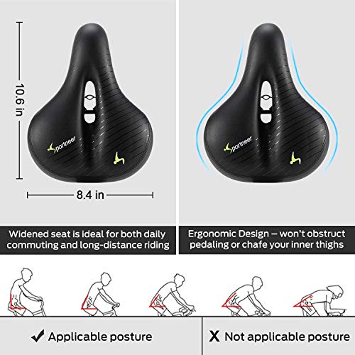 Asiento de Bicicleta Sportneer, Cómodo sillín de Repuesto para Bicicleta estática, Cojín Ancho Acolchado de Espuma viscoelástica Suave para Hombres y Mujeres, con Cubierta Impermeable incluida