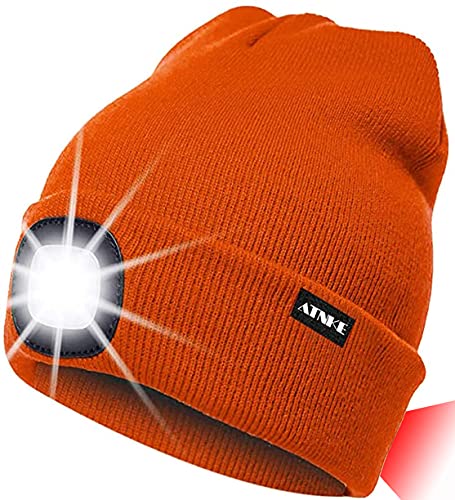 ATNKE 8LED Sombrero de Punto Iluminado, Casquillo de Faro Recargable con Funcionamiento USB Lámpara de luz Ultra Brillante a Prueba de Agua y Alarma Intermitente Luz/Bright Orange