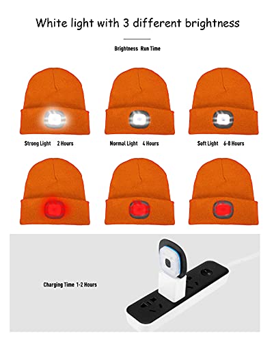 ATNKE 8LED Sombrero de Punto Iluminado, Casquillo de Faro Recargable con Funcionamiento USB Lámpara de luz Ultra Brillante a Prueba de Agua y Alarma Intermitente Luz/Bright Orange