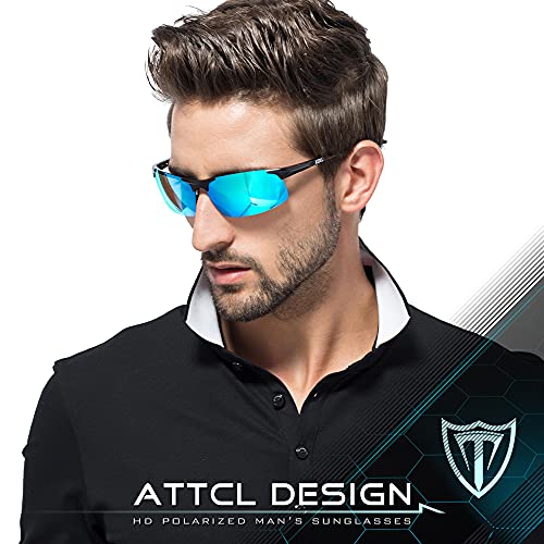 ATTCL Hombre Gafas De Sol Deportes Polarizado Súper Ligero Al-Mg Marco De Metal 8177 Black-BLUE