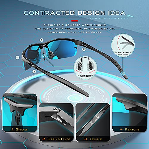 ATTCL Hombre Gafas De Sol Deportes Polarizado Súper Ligero Al-Mg Marco De Metal 8177 Black-BLUE