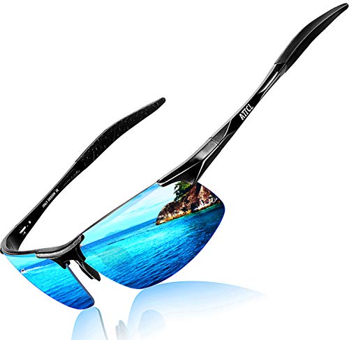 ATTCL Hombre Gafas De Sol Deportes Polarizado Súper Ligero Al-Mg Marco De Metal 8177 Black-BLUE