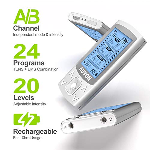 AUVON 3-en-1 Electroestimulador muscular de 24 modos, con función TENS, EMS y masaje, para aliviar el dolor muscular y fortalecer los músculos, 2 Canales, 12pcs 2"x2" Electrodos con diseño patentado
