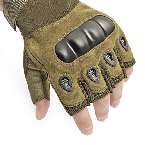 AXELENS Guantes Tácticos Militares Moto Verano Bicicleta Antideslizante Sin Dedos Medios Dedos Protección Nudillos Acolchados MTB Antiviento Ligeros Anti-Corte Talla L Verde Militar