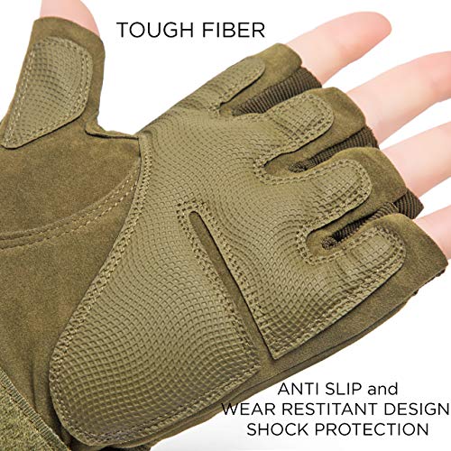 AXELENS Guantes Tácticos Militares Moto Verano Bicicleta Antideslizante Sin Dedos Medios Dedos Protección Nudillos Acolchados MTB Antiviento Ligeros Anti-Corte Talla L Verde Militar