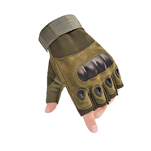 AXELENS Guantes Tácticos Militares Moto Verano Bicicleta Antideslizante Sin Dedos Medios Dedos Protección Nudillos Acolchados MTB Antiviento Ligeros Anti-Corte Talla L Verde Militar