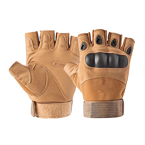 AXELENS Guantes Tácticos Militares Moto Verano Bicicleta Antideslizante Sin Dedos Medios Dedos Protección Nudillos Acolchados MTB Antiviento Ligeros Anti-Corte Talla XL Beige