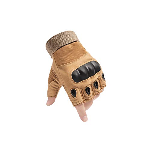 AXELENS Guantes Tácticos Militares Moto Verano Bicicleta Antideslizante Sin Dedos Medios Dedos Protección Nudillos Acolchados MTB Antiviento Ligeros Anti-Corte Talla XL Beige