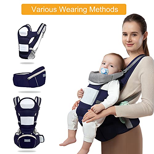 Azeekoom Mochila Portabebés Ergonómica con Asiento de Cadera Reposacabezas, Algodón Puro Ligero y Transpirable para Bebés y Niños de 0 a 36 Meses (Menos de 25 kg)