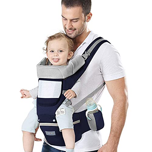 Azeekoom Mochila Portabebés Ergonómica con Asiento de Cadera Reposacabezas, Algodón Puro Ligero y Transpirable para Bebés y Niños de 0 a 36 Meses (Menos de 25 kg)