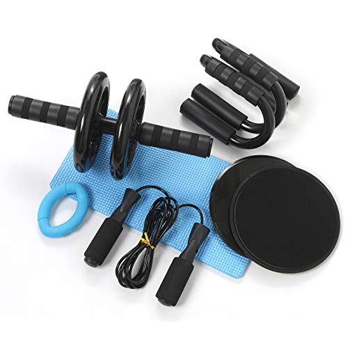 Azeekoom Rueda Abdominal Kit, Rodillo Abdominale AB Roller con Esterilla de Rodilla, Discos Deslizantes, Soportes para Flexiones, Fortalecedores de Mano, Cuerda para Saltar, para Fitness Ejercicio