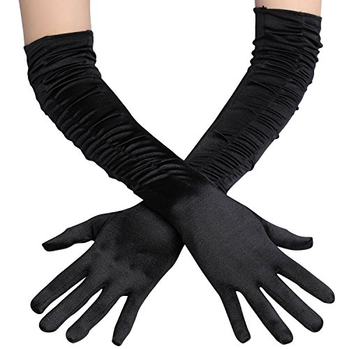 BABEYOND Guantes Largos hasta los Codos Guantes Nupciales Estilo Vintage 1920 Flapper Disfraces Guantes Novia Accesorios (Onda Larga Plisada 52cm / Negro)