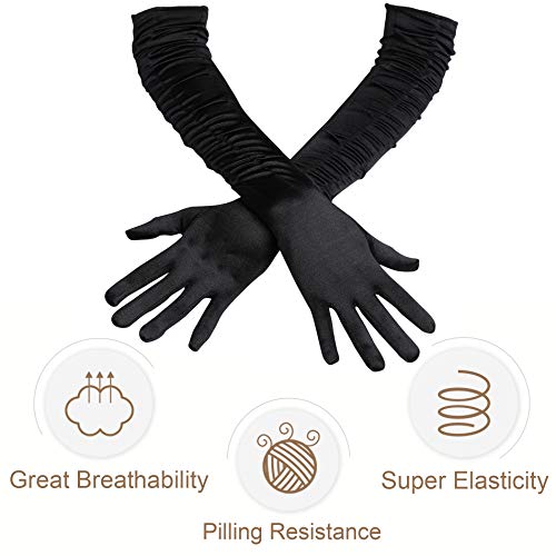 BABEYOND Guantes Largos hasta los Codos Guantes Nupciales Estilo Vintage 1920 Flapper Disfraces Guantes Novia Accesorios (Onda Larga Plisada 52cm / Negro)