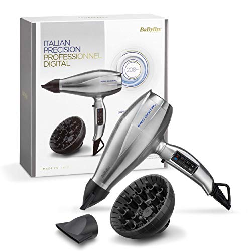 BaByliss Pro Digital 6000E - Secador de pelo profesional, motor digital, 2300 W, iónico, secado ultra rápido 208 km/h, temperatura constante 70º, incluye difusor y dos concentradores, Gris/Plata