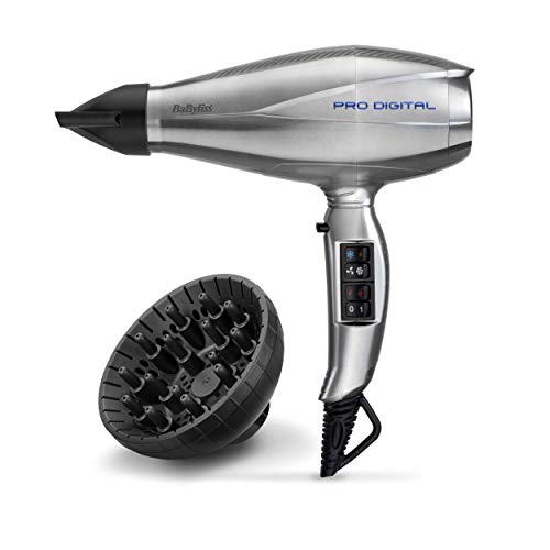 BaByliss Pro Digital 6000E - Secador de pelo profesional, motor digital, 2300 W, iónico, secado ultra rápido 208 km/h, temperatura constante 70º, incluye difusor y dos concentradores, Gris/Plata