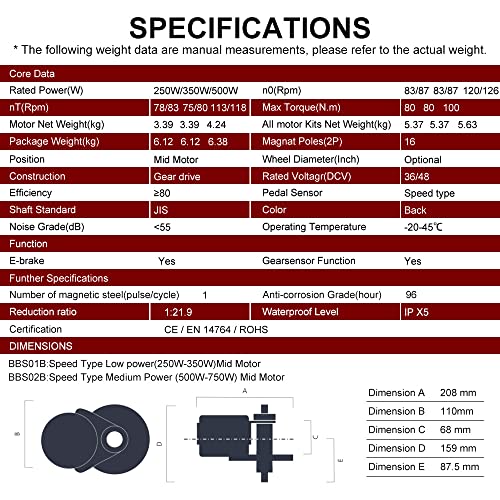 Bafang BBS01B 36V 250W / 350W / 500W Kit de Conversión de Bicicletas Eléctricas, Batería de Tubo descendente Opcional de 36 V 7,8Ah/10Ah/15,6Ah/17,4Ah, batería de Rack Trasero de 20Ah/22,5Ah