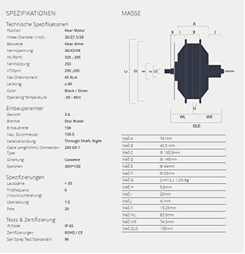 Bafang Kit de conversión para bicicleta eléctrica de 27,5 pulgadas, 650B, 250 W, 36 V, rueda trasera con radios, para cassette 8/9/10 RWD Kit IP65 C961 G020, motor de buje BF-RWDC-25036-C961-275