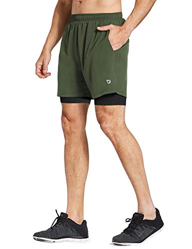 BALEAF Pantalones cortos deportivos 2 en 1 para hombre de 5 pulgadas de secado rápido con forro y bolsillo con cremallera, suave, S, Verde militar/negro