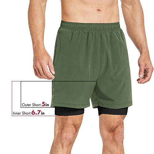 BALEAF Pantalones cortos deportivos 2 en 1 para hombre de 5 pulgadas de secado rápido con forro y bolsillo con cremallera, suave, S, Verde militar/negro