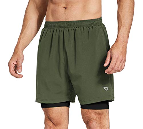 BALEAF Pantalones cortos deportivos 2 en 1 para hombre de 5 pulgadas de secado rápido con forro y bolsillo con cremallera, suave, S, Verde militar/negro