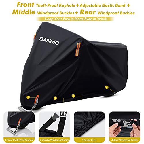 BANNIO Funda Moto,210D Oxford Funda Protector Cubierta de la Motocicleta con Banda Reflectante, Impermeable A Prueba de UV Resistente al Viento Lluvia Nieve Cubre Moto,Funda para Moto XXL 245cm,Negro