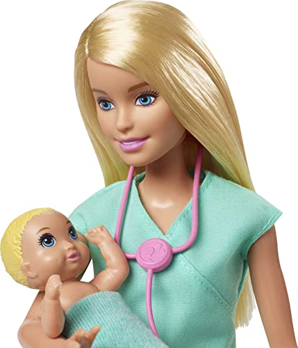 Barbie Quiero Ser pediatra muñeca rubia con dos bebes y accesorios (Mattel GKH23)