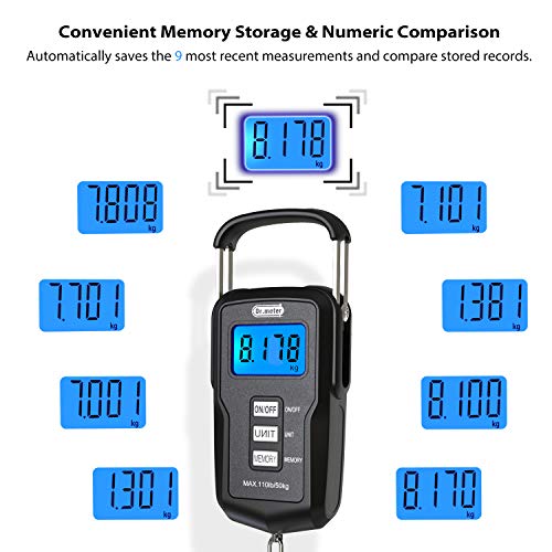 Báscula Digital para Equipaje, Dr.meter Báscula Pesca Digital Balanza colgante hasta 50kg/110 lb, digital, con pantalla LCD retroiluminada, cinta métrica y 2 pilas AAA