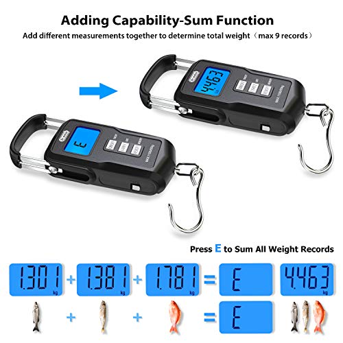 Báscula Digital para Equipaje, Dr.meter Báscula Pesca Digital Balanza colgante hasta 50kg/110 lb, digital, con pantalla LCD retroiluminada, cinta métrica y 2 pilas AAA