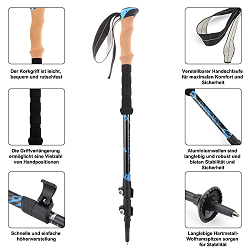 Bastones de senderismo Nordic Ultra Light Trekking ajustables Quick Flip-Lock 7075 de aluminio, ajustables 110-130 cm, mangos ergonómicos preformados, 2 unidades, color azul