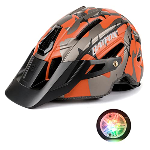 BAT FOX Casco de Bicicleta de montaña para Adultos Casco Ligero de Ciclismo MTB con dial de Ajuste Luz Trasera Casco de Bicicleta (Naranja Titanio, Adulto (58-61 CM))