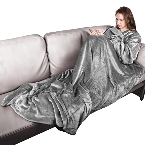 BataManta Mujer Polar Invierno - Bata Manta Hombre para Sofa, Manta con Mangas con Bolsillo Frontal, Blanket de Tejido Felpa Suave y Acogedor, Gris,150x180cm