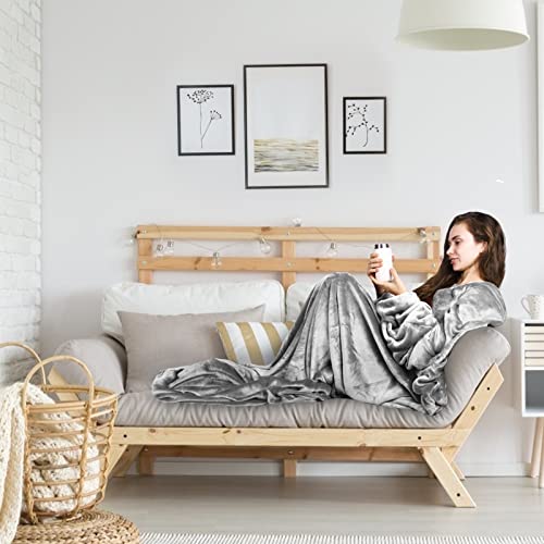 BataManta Mujer Polar Invierno - Bata Manta Hombre para Sofa, Manta con Mangas con Bolsillo Frontal, Blanket de Tejido Felpa Suave y Acogedor, Gris,150x180cm