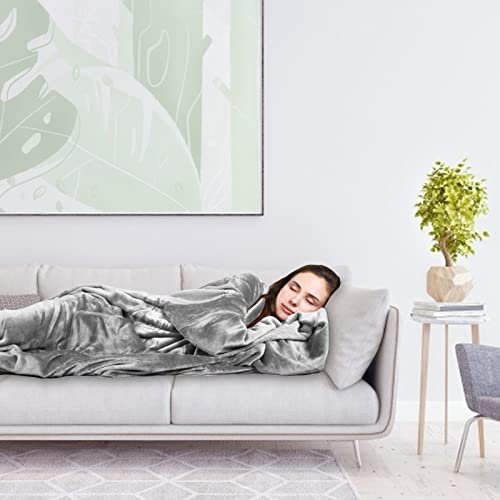 BataManta Mujer Polar Invierno - Bata Manta Hombre para Sofa, Manta con Mangas con Bolsillo Frontal, Blanket de Tejido Felpa Suave y Acogedor, Gris,150x180cm