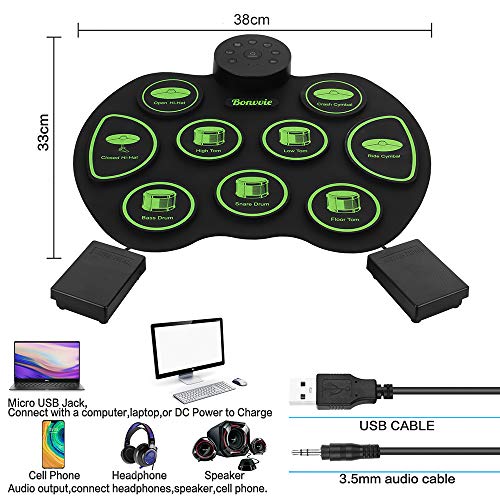 Batería Electrónica Portátil, Bonvvie Kit de Tambor Electrónica Enrollable con 9 Almohadillas de Batería, 2 Pedales, Gran para Niños y Principiantes (Sin Altavoces)