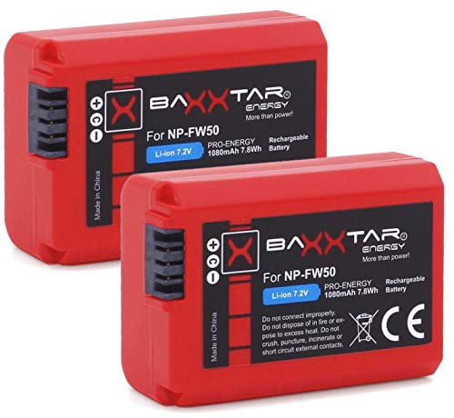 Baxxtar Pro NP-FW50 (2X) Compatible con batería Sony (1080mAh Real) Infochip - Sistema de batería Inteligente