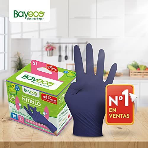 Bayeco - Guantes un solo uso - Nitrilo - Color Azul Claro - Ambidiestros - Dedos texturizados para mejor agarre - Aptos para alérgicos al látex - Pack dispensador de 30 unidades - Talla S