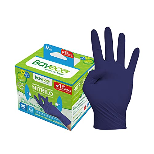 Bayeco - Guantes un solo uso - Nitrilo - Color Azul Oscuro - Ambidiestros - Dedos texturizados para mejor agarre - Aptos para alérgicos al látex - Pack dispensador de 30 unidades - Talla M