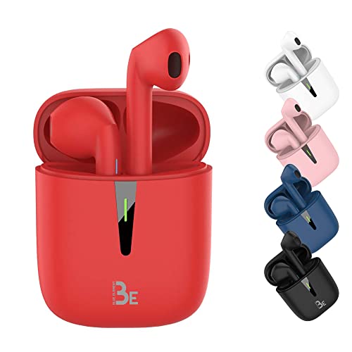 BE Pop Bluetooth 5.1 TWS - Auriculares estéreo 3D HD inalámbricos, autonomía de batería 12H, Caja de Carga LED, fácil de conectar, Micro Integrado, Ligero y cómodo para iPhone Android (Rojo)