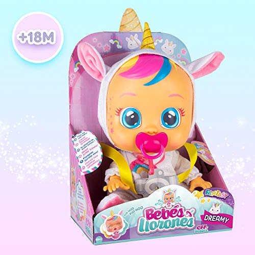 BEBÉS LLORONES Fantasy Dreamy Unicornio | Muñeca interactiva que llora de verdad con chupete y pijama - Muñeco para niñas y niños +18 Meses