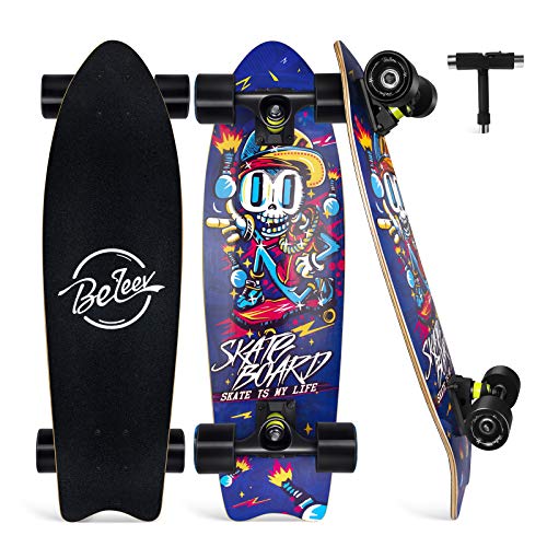 BELEEV Cruiser Skateboard, 68,5 x 20,3 cm, monopatín Completo para niños, Adolescentes y Adultos, 7 Capas de Arce Canadiense Double Kick Deck Concave Trick Skate Board (Blue)